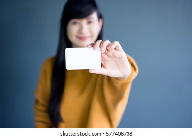 Woman Holding Blank Business Card For Mock Up