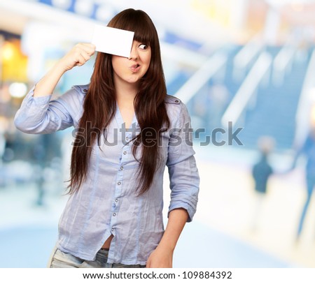 Woman Holding Blank Card, Indoor