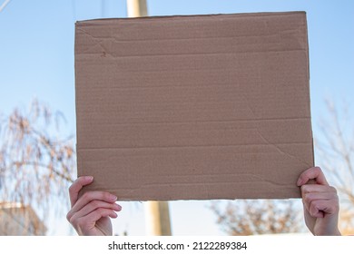 Woman Holding Blank Cardboard Box, Protesting Something. Copy Space For Text On Cardboard Box.