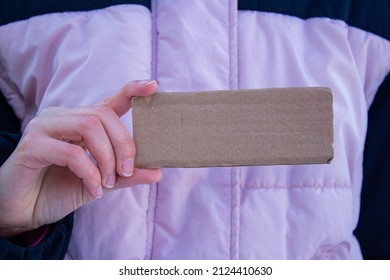 Woman Holding Blank Cardboard Box. Empty Card With Copy Space.