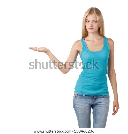 Woman holding blank copy space on her open palm, isolated on white background