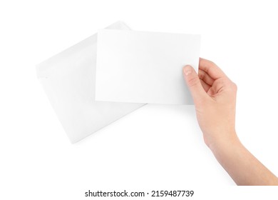 Woman Holding Blank Letter On White Background, Top View