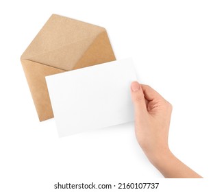 Woman Holding Blank Letter On White Background, Top View