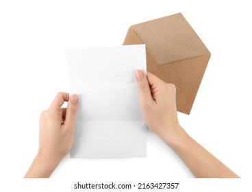 Woman Holding Blank Letter On White Background, Top View