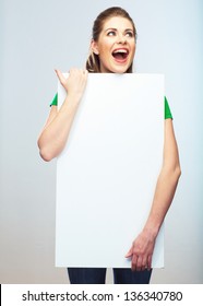 Woman Holding Blank Poster Isolated Studio Portrait.