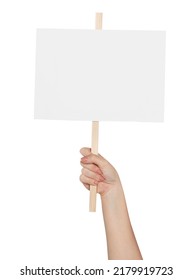 Woman holding blank protest sign on white background, closeup