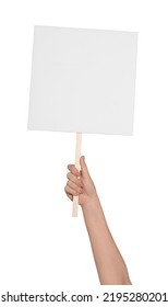 Woman holding blank protest sign on white background, closeup