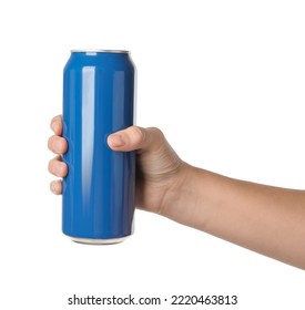 Woman holding blue aluminum can on white background, closeup