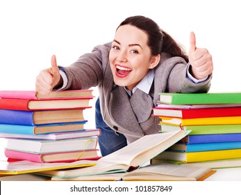 Woman Holding Book. Isolated.