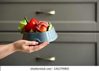 Woman Holding Bowl With Fresh Pet Food In Kitchen