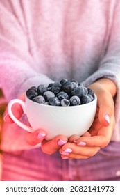 Woman Holding Bowl With Frozen Blueberry Fruits. Harvesting Concept. Female Hands Collecting Berries. Healthy Eating Concept. Stocking Up Berries For Winter Vegetarian Vegan Food. Dieting Nutrition