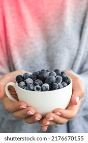 Woman Holding Bowl With Frozen Blueberry Fruits. Harvesting Concept. Female Hands Collecting Berries. Healthy Eating Concept. Stocking Up Berries For Winter Vegetarian Vegan Food. Dieting Nutrition