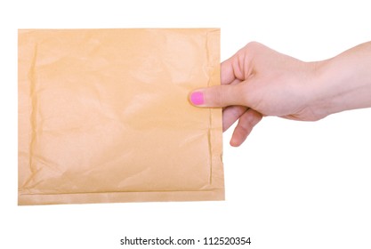 Woman Is Holding Brown Envelope On White