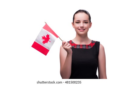 Woman Holding Canadian Flag Isolated On White