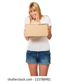 Woman Holding Cardboard Package On White Background