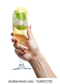 Woman Holding A Champange Glass On White Background