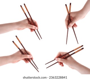 Woman holding chopsticks isolated on white, closeup. Collage with photos - Powered by Shutterstock