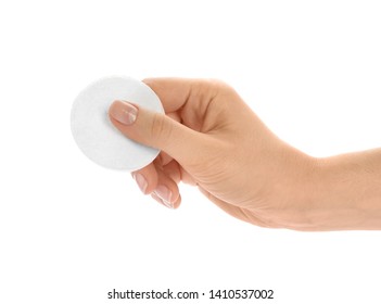 Woman Holding Cotton Pad On White Background, Closeup