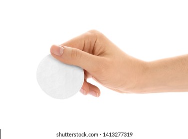 Woman Holding Cotton Pad On White Background, Closeup