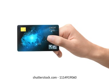 Woman Holding Credit Card On White Background