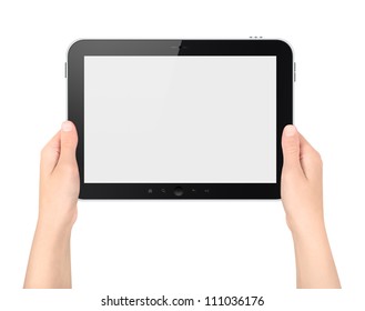 Woman Holding Digital Tablet Computer With Blank Screen. High Quality And Very Detailed Realistic Illustration Of Android Digital Tablet. Isolated On White.