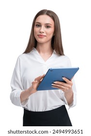 Woman holding a digital tablet and smiling, isolated on a white background. Modern technology, business concept, and professional template