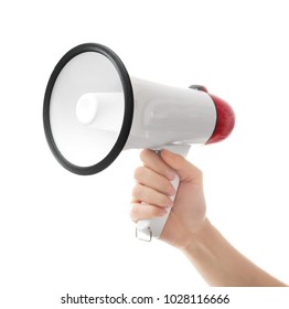 Woman Holding Electronic Megaphone On White Background