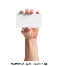 Woman Holding Empty Business Card Isolated On White, Closeup