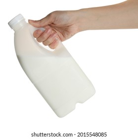 Woman Holding Gallon Bottle Of Milk On White Background, Closeup