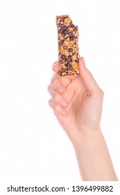 Woman Holding Grain Cereal Bar On White Background Healthy Snack