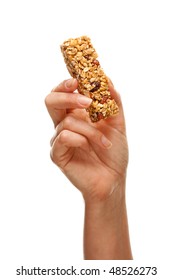 Woman Holding Granola Bar Isolated On A White Background.