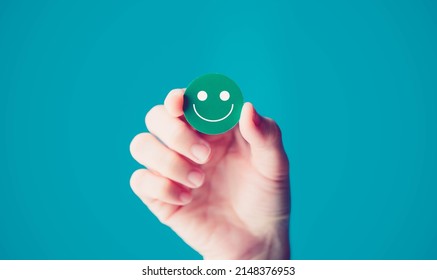 Woman Holding Green Smile Face Good Happy Emotion Positive Thinking Just Keep Smiling.world Mental Health Day Concept.mental Health Assessment.Mental Care Employee Survey.Health Care Medical.social.