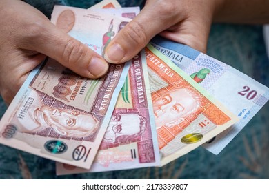 Woman Holding Guatemala Money, Various Quetzal Banknotes, Business And Financial Concept
