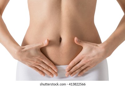 Woman Holding Hands On A Belly. Stomach Health Concept. Isolated On White.