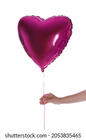 Woman Holding Heart Shaped Balloon Isolated On White, Closeup