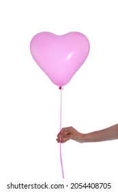 Woman Holding Heart Shaped Balloon Isolated On White, Closeup