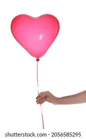 Woman Holding Heart Shaped Balloon Isolated On White, Closeup