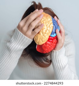 Woman holding human Brain model. World Brain Tumor day, Brain Stroke, Dementia, alzheimer, parkinson and world mental health concept