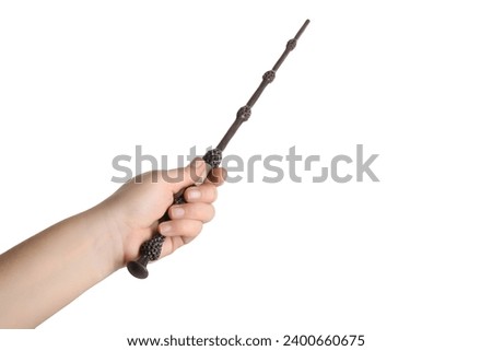 Woman holding magic wand on white background, closeup