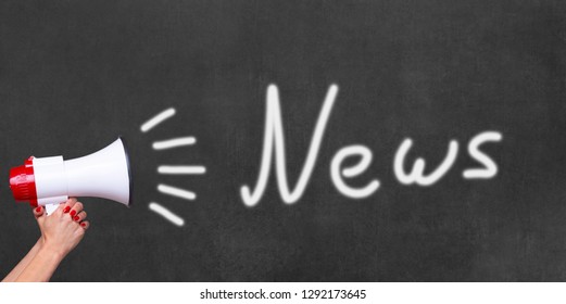 Woman holding a megaphone announcing the news with hand drawn sound icons and text on a chalkboard in a communications concept - Powered by Shutterstock