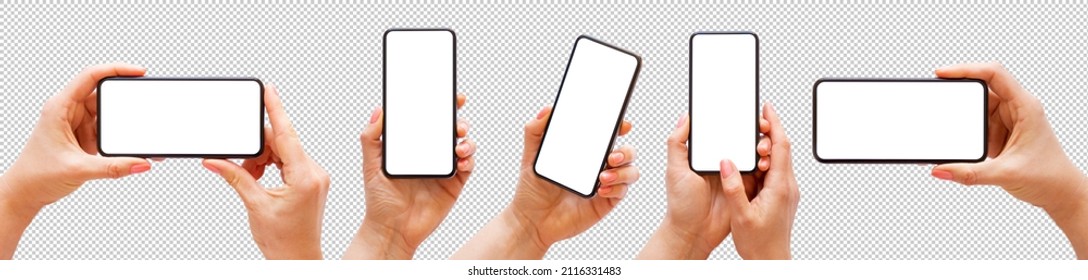 Woman holding mobile phone in hand, set of different angles and positions