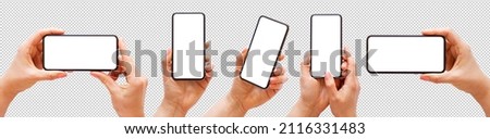 Woman holding mobile phone in hand, set of different angles and positions