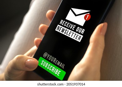 Woman holding mobile phone with newsletter signup page close-up. Register a new member concept photo closeup. Subscribe button - Powered by Shutterstock - Get 15% off with code: PIKWIZARD15