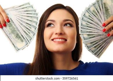 Woman Holding Money Isolated On White