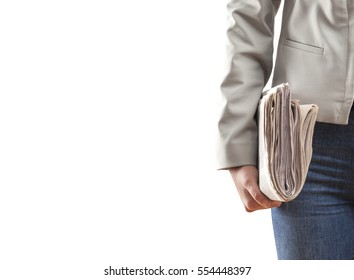 Woman Holding Newspaper On White Background