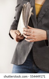 Woman Holding Newspaper On White Background