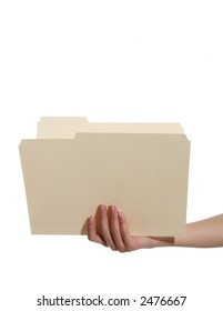 A Woman Holding An Open Manila Folder Isolated Over White