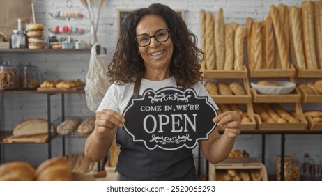 Woman holding open sign in bakery shop surrounded by bread and pastries, smiling mature hispanic female welcoming customers to cozy indoors bakery - Powered by Shutterstock