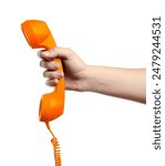 Woman holding orange telephone handset on white background, closeup