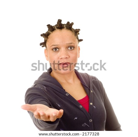 Woman holding out hand on white background